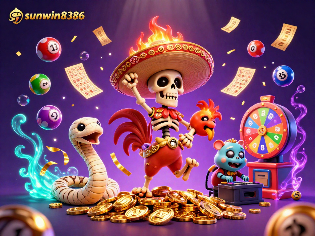 Experience excitement with sunwin8386 as cartoon characters celebrate winnings amidst vibrant casino elements.