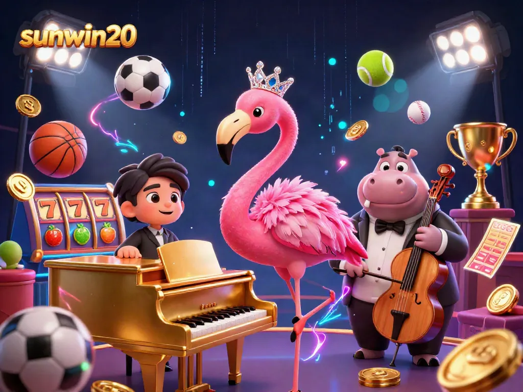 sunwin20 engages players with a vibrant casino scene featuring a flamingo singer and hippo bassist.