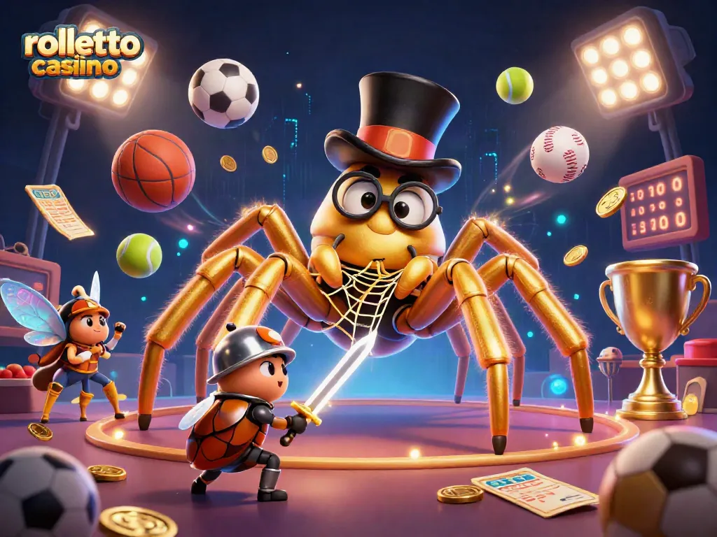 Engage with rolletto casino's vibrant atmosphere featuring a golden tarantula and beetle knight in action.