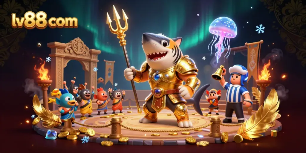 Engage in immersive gaming at lv88 com with a dynamic underwater casino scene featuring a golden tiger shark.
