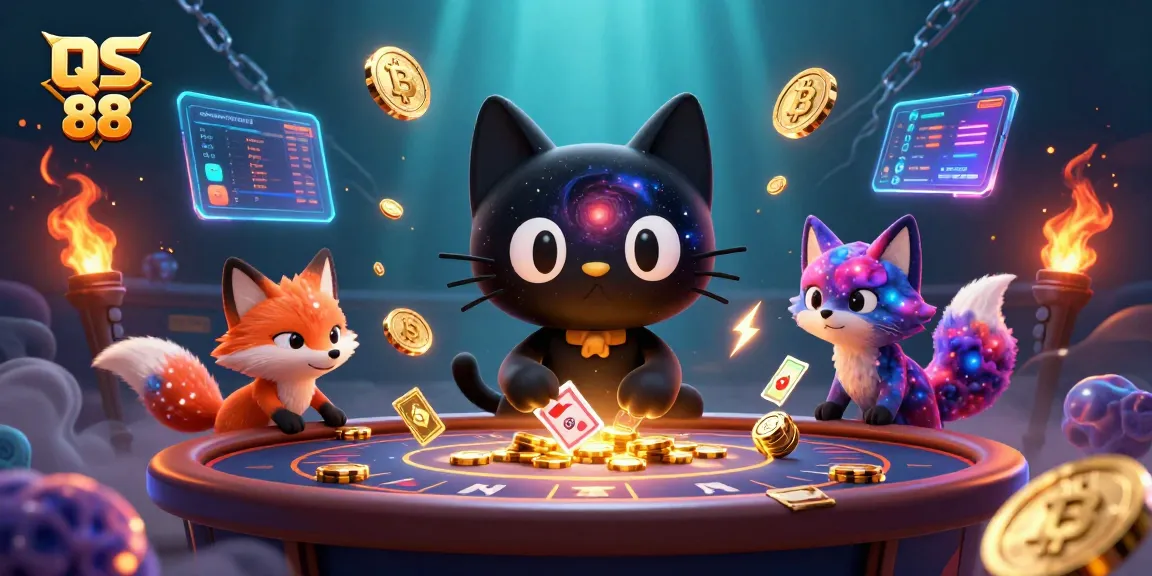 Engage with QS 88 in a vibrant cosmic casino illustration featuring unique characters and crypto elements.