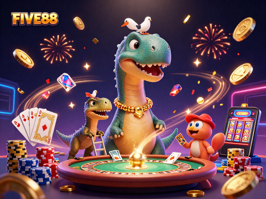 Experience winning at FIVE88 with a dynamic casino scene featuring a towering brontosaurus and vibrant gaming elements.