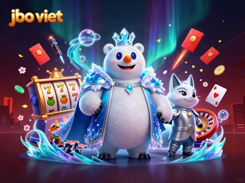 Engage with the excitement of jbo viet casino games, featuring a polar bear king and a snow fox amid vibrant slot reels.