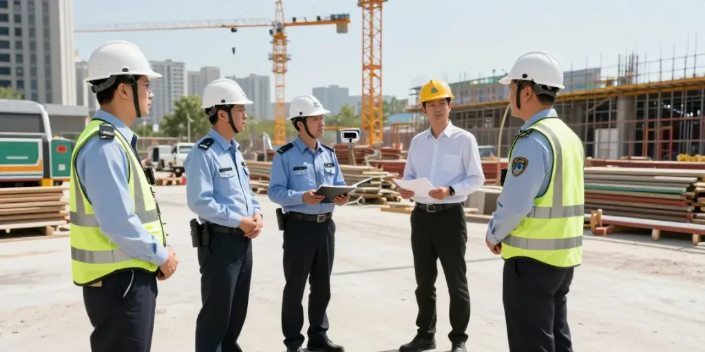 Construction site security personnel ensuring safety and order at a busy construction site, professional service.