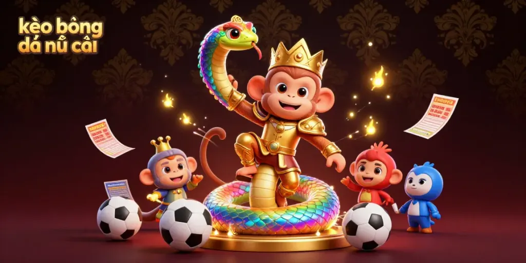 Engage with kèo bóng đá nhà cái odds through an exciting scene featuring a monkey king and a serpent amidst soccer betting elements.