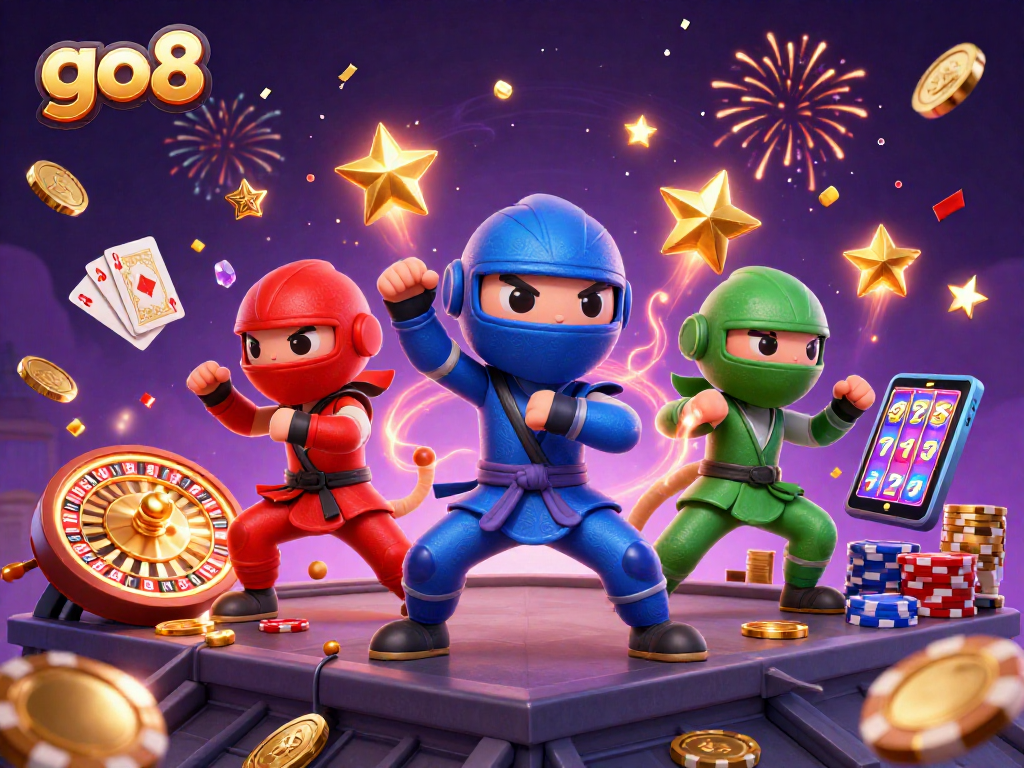 Experience thrilling gameplay at go8 with colorful chameleon ninjas amidst casino elements and rewards.