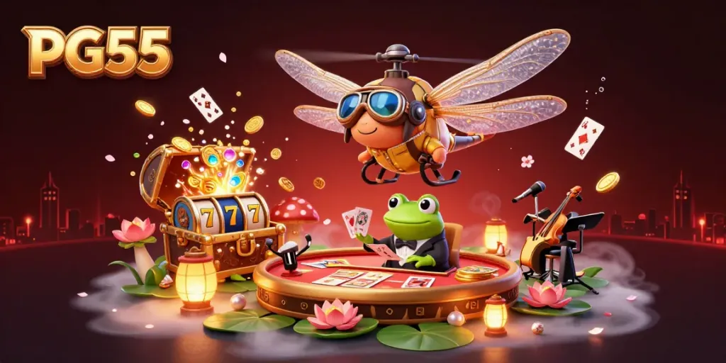Experience dynamic gaming atmosphere at PG55 with cartoon characters and casino elements.