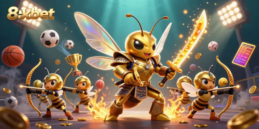 Experience the thrill of 8xbet with a vibrant 3D illustration of a golden hornet samurai surrounded by sports elements.