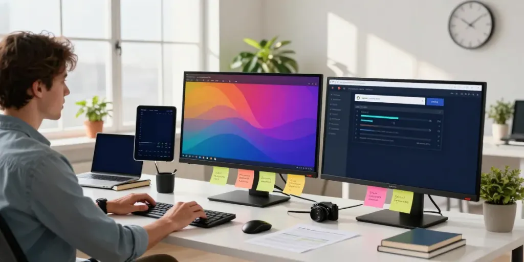 Digital marketer analyzing instant indexing strategies in a vibrant workspace.