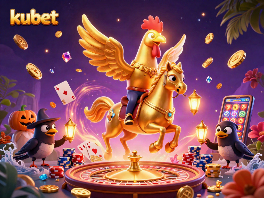 Experience thrilling gameplay with kubet as golden coins cascade and poker cards fly in a magical casino.