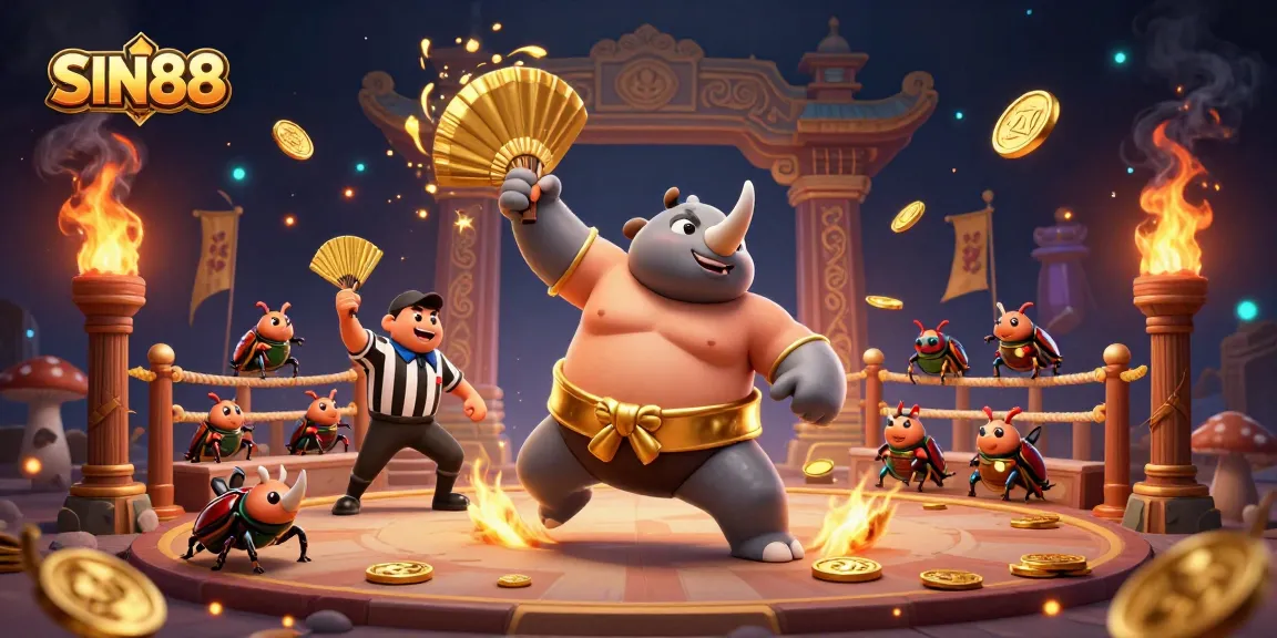 SIN88 showcases a dynamic scene with a beetle champion stomping golden coins, celebrating casino excitement.