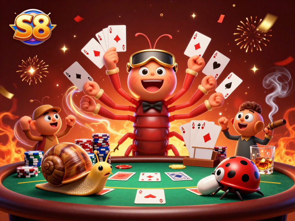 S8 casino scene with a millipede dealer, snail high-roller, and excitement-filled gaming elements