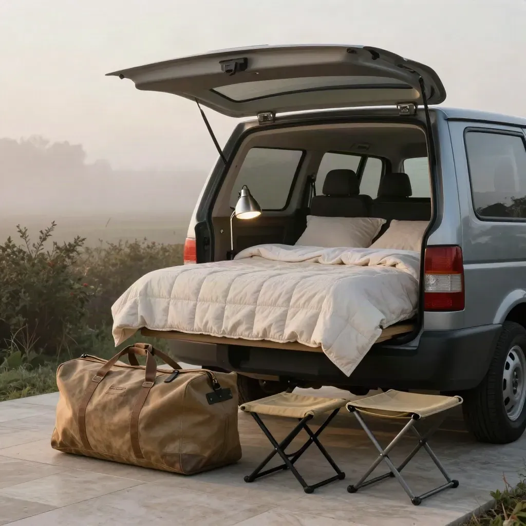 Open camper hatch with made bed, duffels and two stools on a misty dawn campsite.
