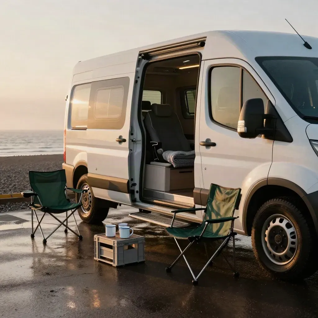White campervan at a wet coastal lay-by with chairs, step and sea mist at sunset.