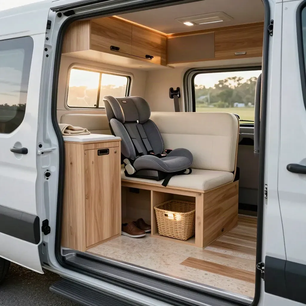 Compact motorhome interior with booster seat, blankets and shoes ready for a family trip.