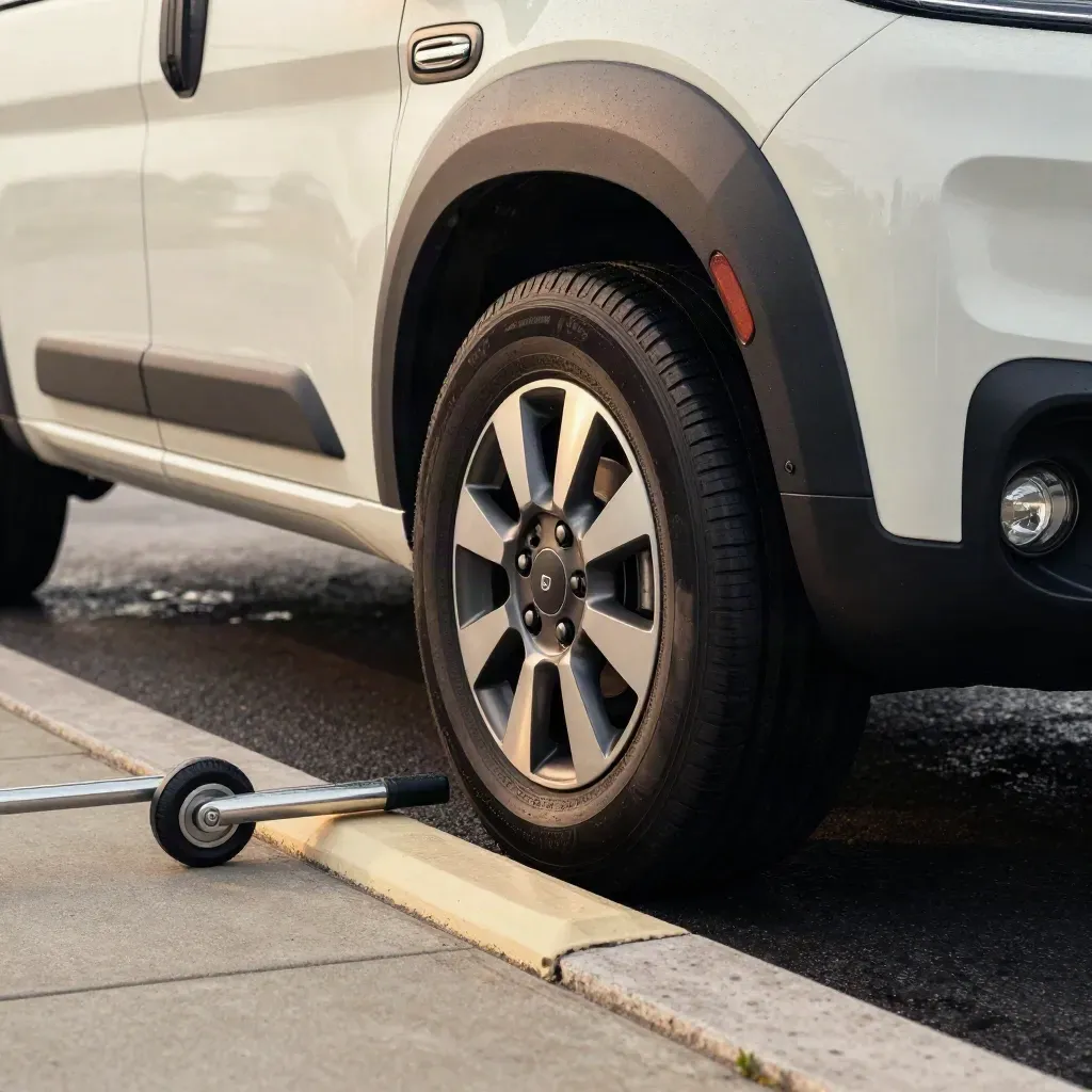 Campervan wheel aligned at a rainy pickup bay curb stop beside a luggage trolley.