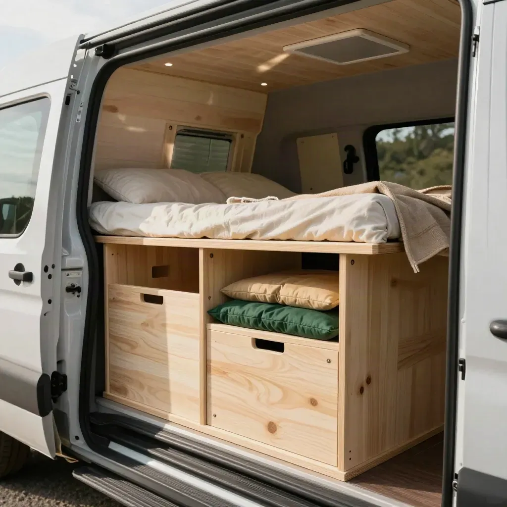 Half-built campervan interior with pine storage boxes, bed boards and cushion samples in warm daylight.