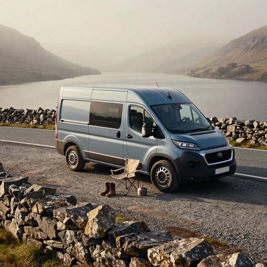 Slate-blue campervan in a misty lakeside lay-by with boots, chair and kettle on gravel.