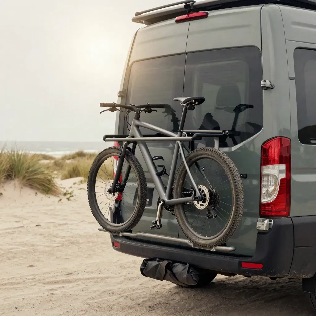 Rear campervan with two bikes on rack and a duffel beside a hazy coastal road.