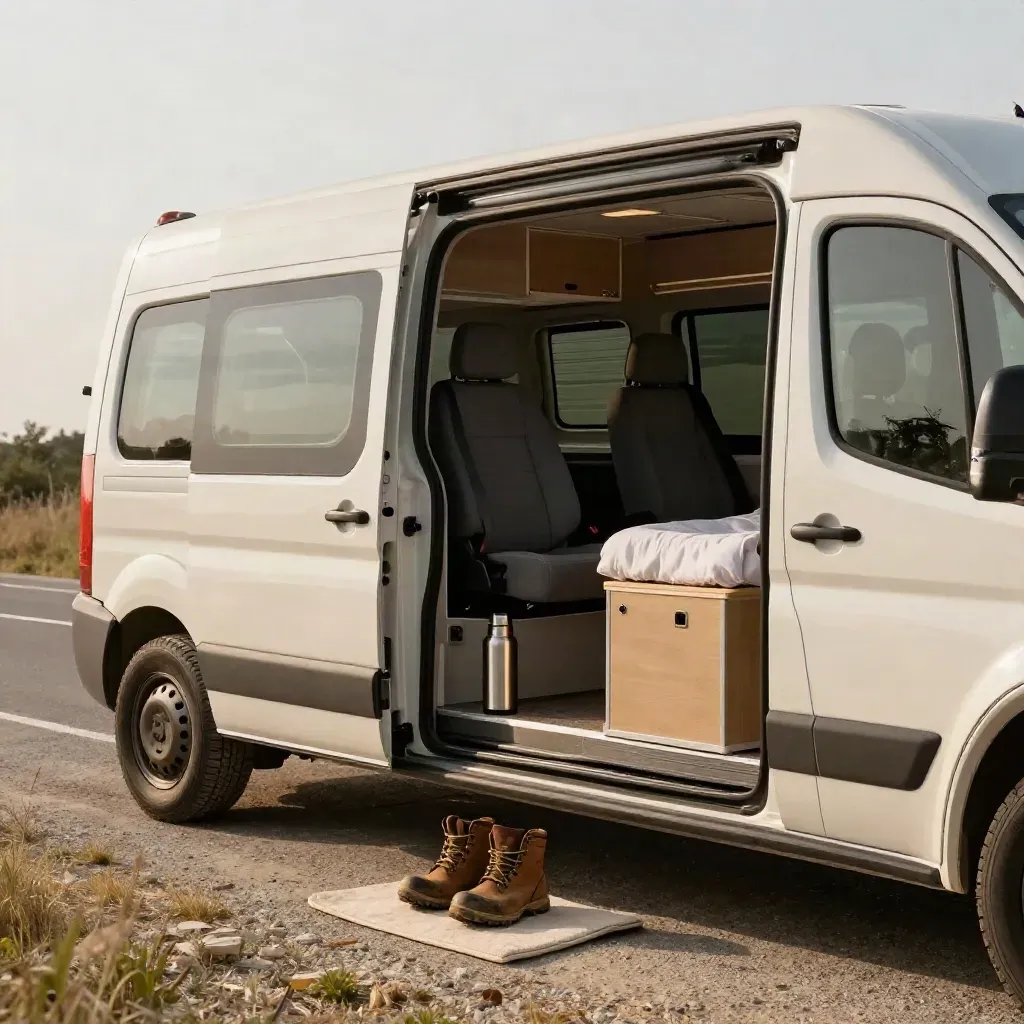 Open campervan at a roadside pull-off with boots, thermos and overnight cube beside the empty driver seat.