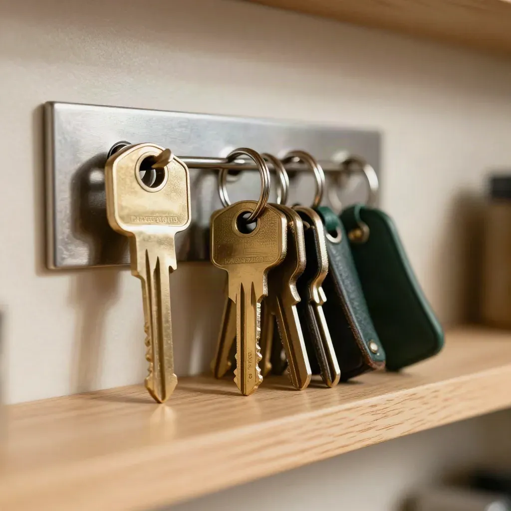 Macro still life of brass keys, a stamped plate, and rental fobs on an oak shelf.