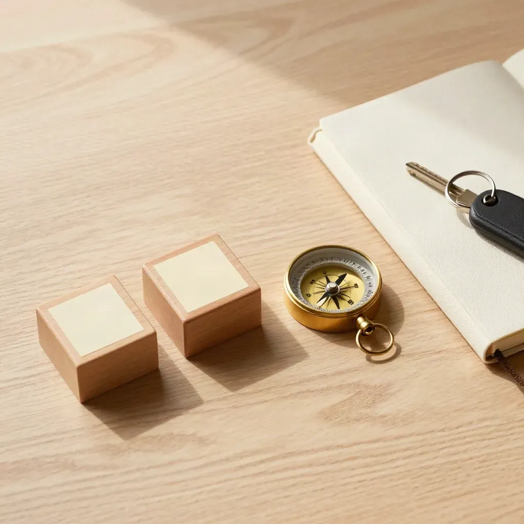 Wooden date blocks, brass compass, cream notebook and van key fob on pale oak, side-lit flatlay.