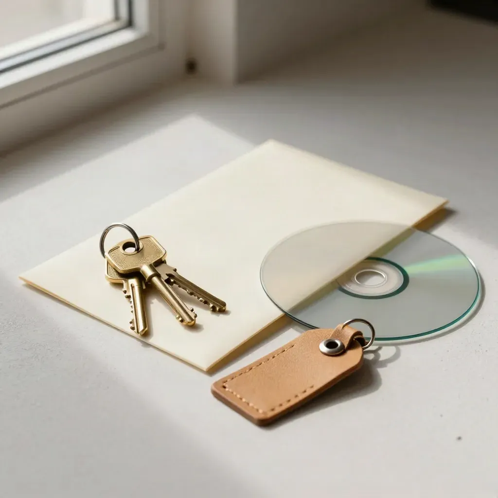 Keys, envelope sleeve, luggage tag and parking disc on a pale plaster surface.