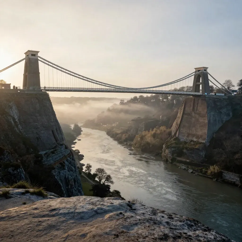 Clifton Suspension Bridge over Avon Gorge at dawn, misty limestone valley below