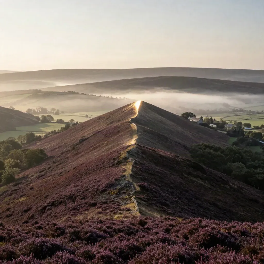 Brecon Beacons ridge at sunrise above a misty valley with heather slopes and a tiny farmhouse.