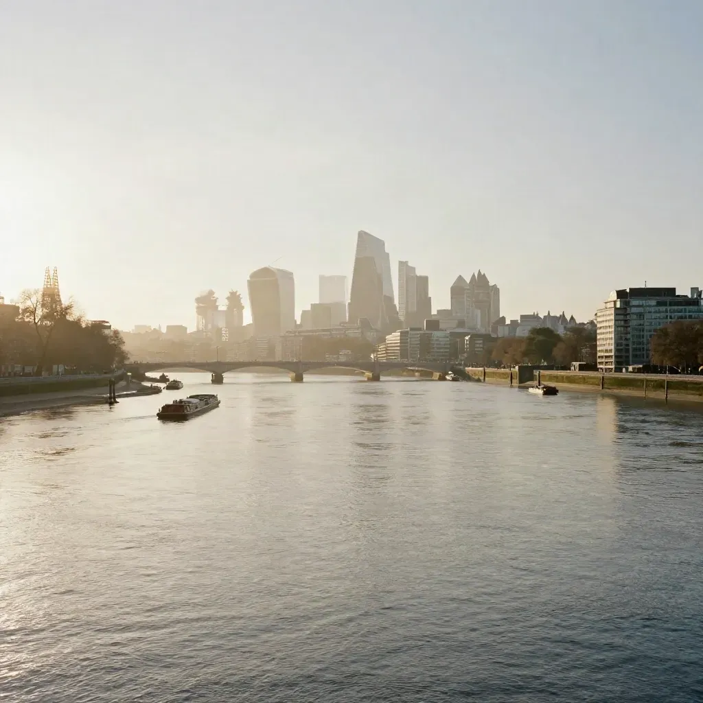 Sunrise Thames with softened London skyline above calm reflective water