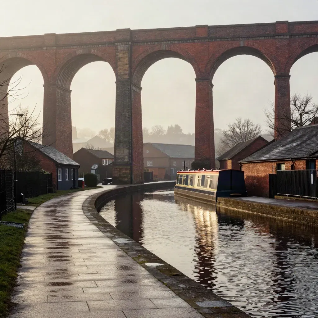 Misty Birmingham canal arches above silver water and low roofs at dawn