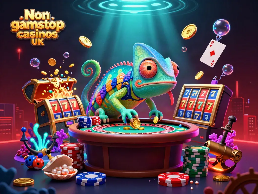 Engaging visual showing Non gamstop casinos UK, featuring a chameleon owner in a vibrant casino setting.