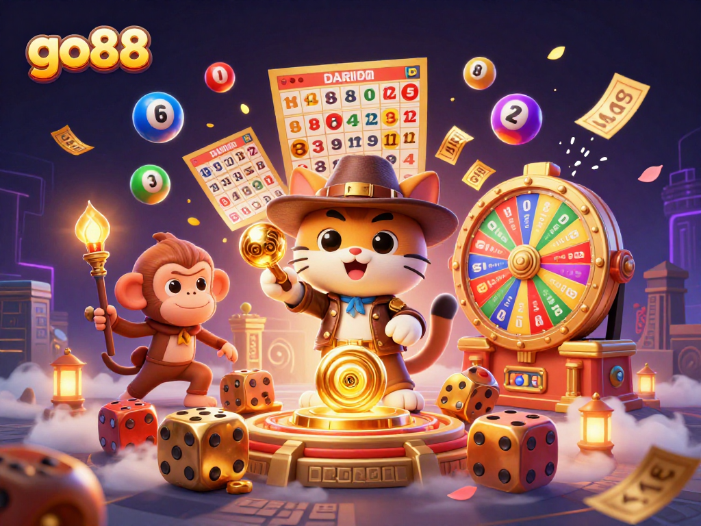 Discover the excitement of go88 with a vibrant scene of casino artifacts and lottery elements.