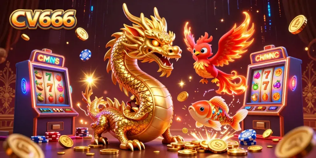 Experience the thrill of CV666 with vibrant slot machines and mythical creatures combining for an exciting gaming scene.