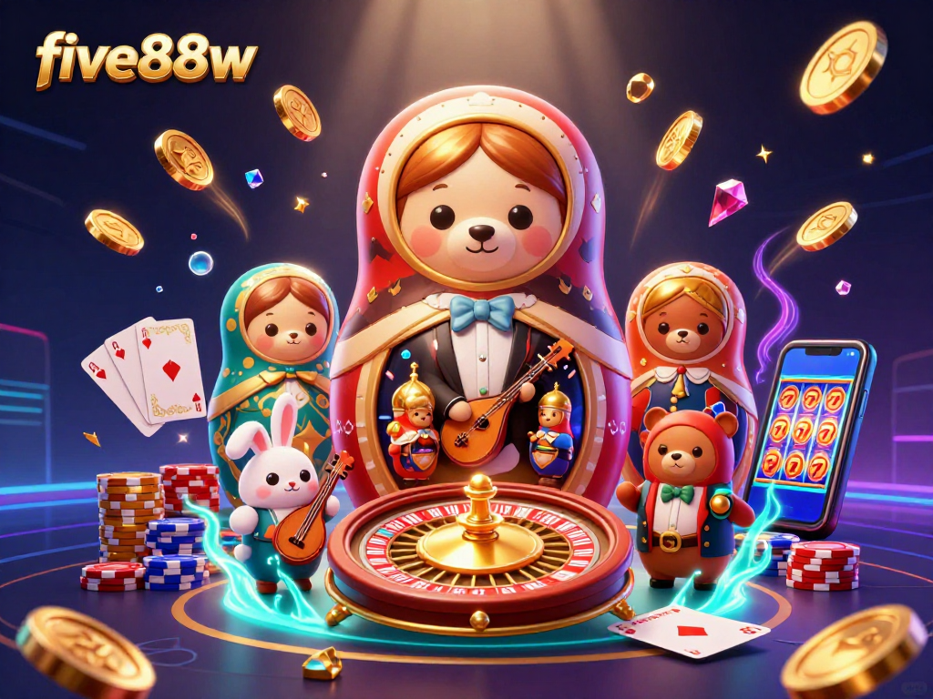 Engage with five88w's vibrant casino world featuring colorful characters and dynamic game elements.