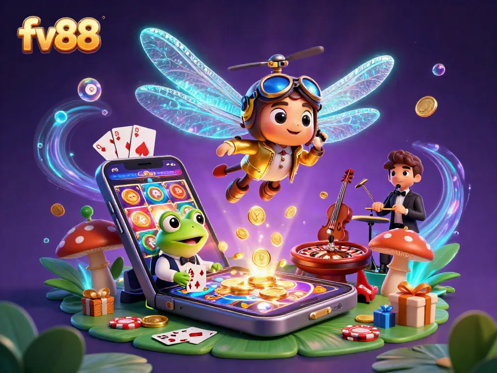 Spin the colorful slot games at FV88 while enjoying a vibrant casino scene with dynamic characters.