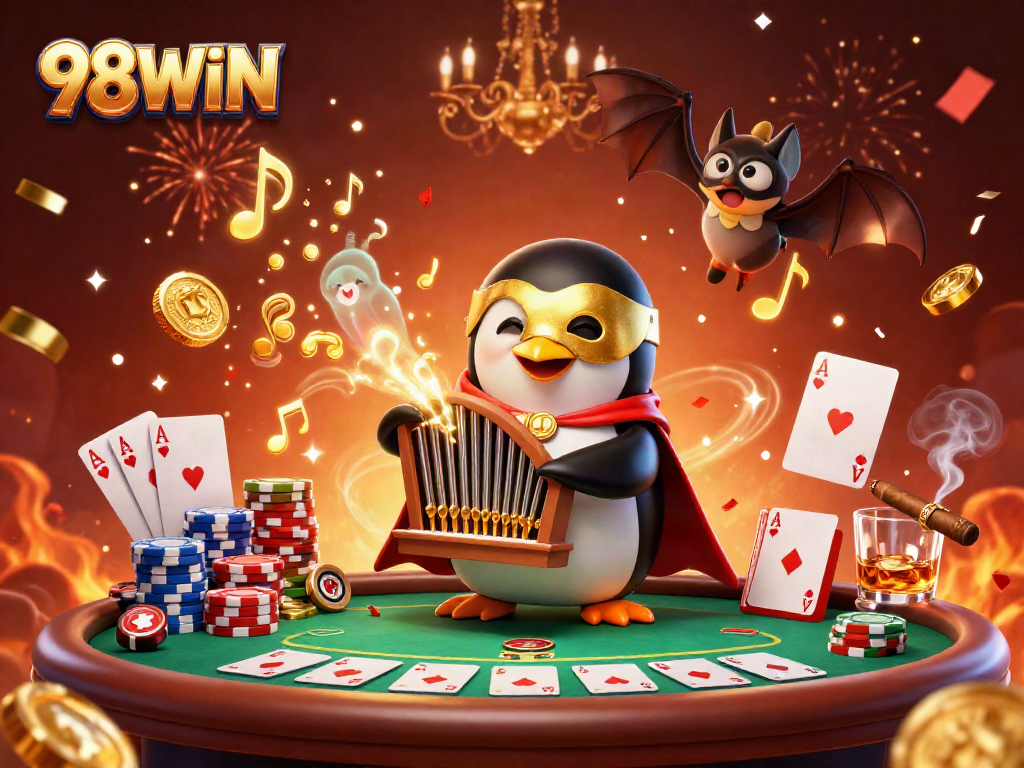Engage in excitement with 98WIN's vibrant casino scene featuring poker elements and animated characters.