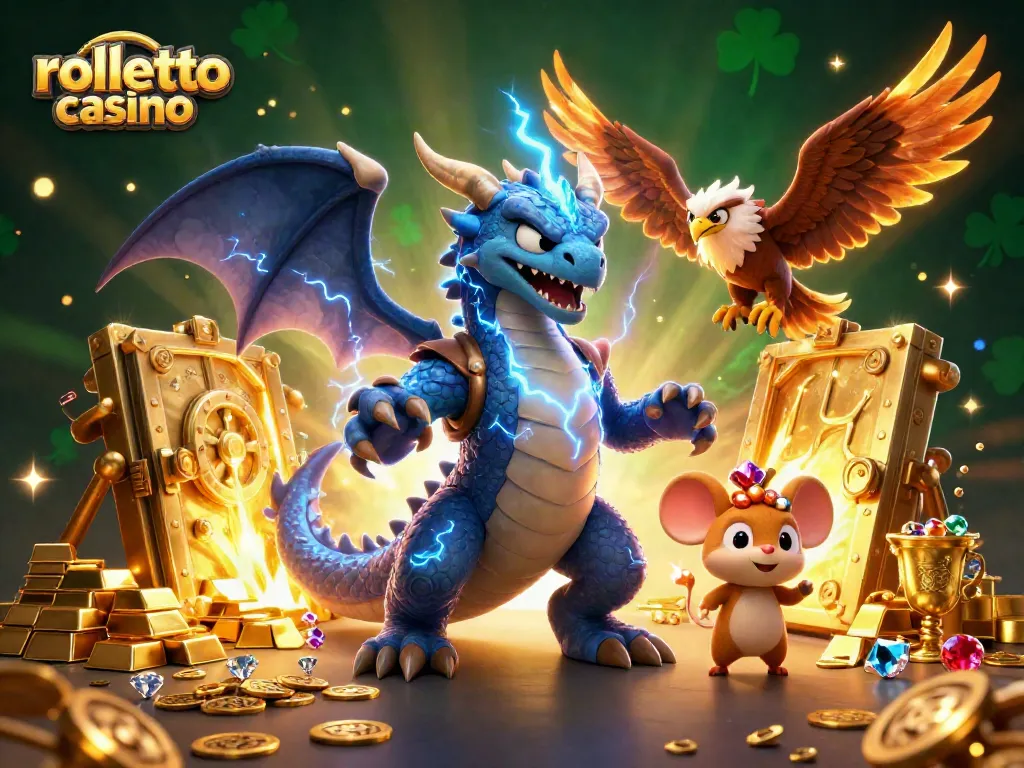 Experience the thrill of rolletto casino with an electric dragon, glowing hawk, and treasure amidst dynamic casino elements.