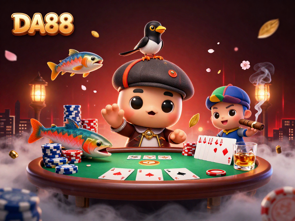 Join the fun at DA88 with cartoon Nessie, poker chips, and colorful salmon in an exciting casino scene.
