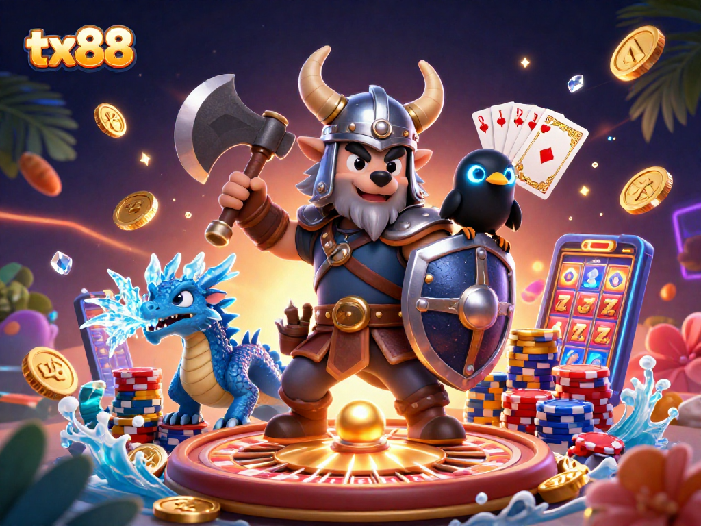 Join the action at tx88 with a Viking wolf warrior and fiery dragon amidst casino treasures.