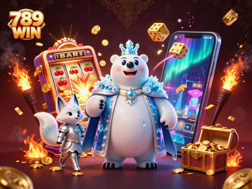 Spin the reels with excitement at 789 WIN's illustrated jackpot adventures featuring vibrant casino elements.