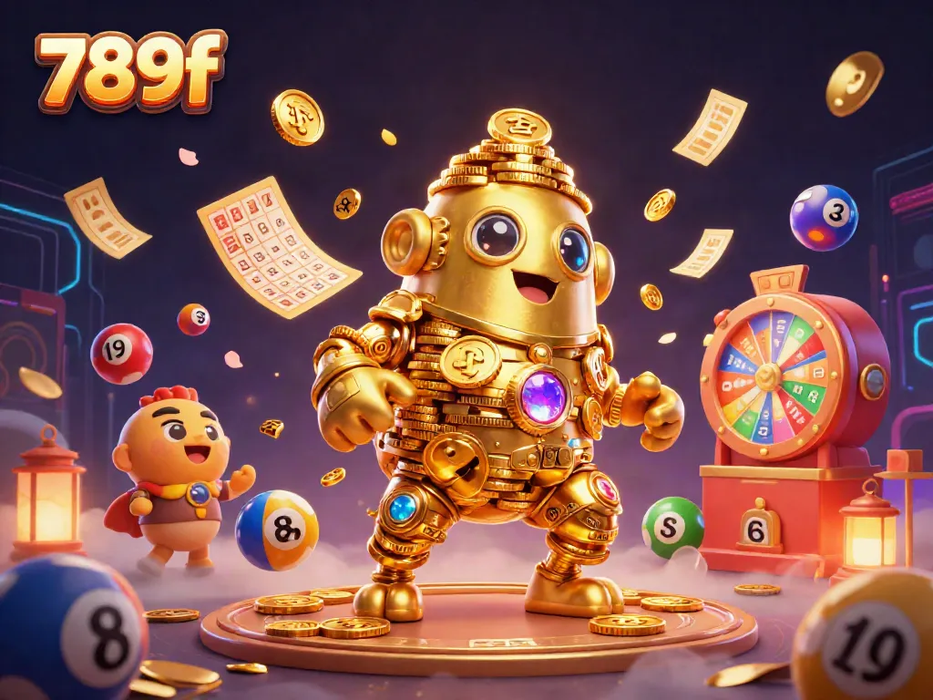 Experience thrilling gaming with 789f's dynamic golden golem character amidst vibrant lottery elements and casino excitement.