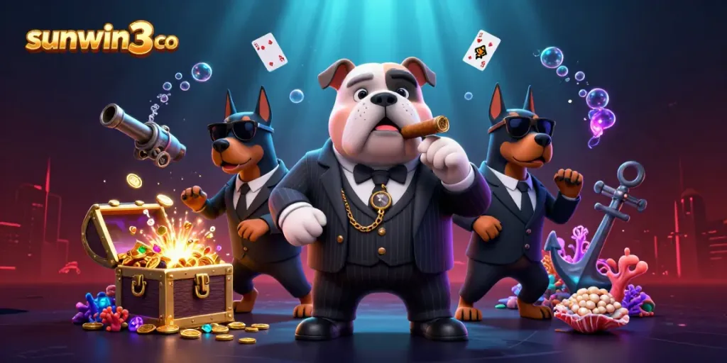 Experience thrilling gameplay with sunwin3 co amidst a vibrant casino scene filled with gold coins, treasures, and energetic characters.