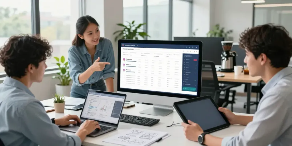 Social media marketing team analyzing Instagram followers growth in a modern office setting.