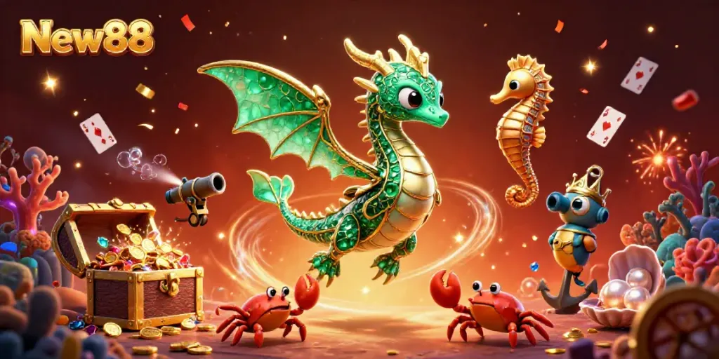 Experience exciting gaming moments with New88 through this vibrant underwater illustration.