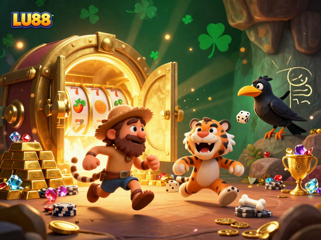Experience thrilling slots action at LU88 with a caveman and sabertooth in a rich 3D casino scene.