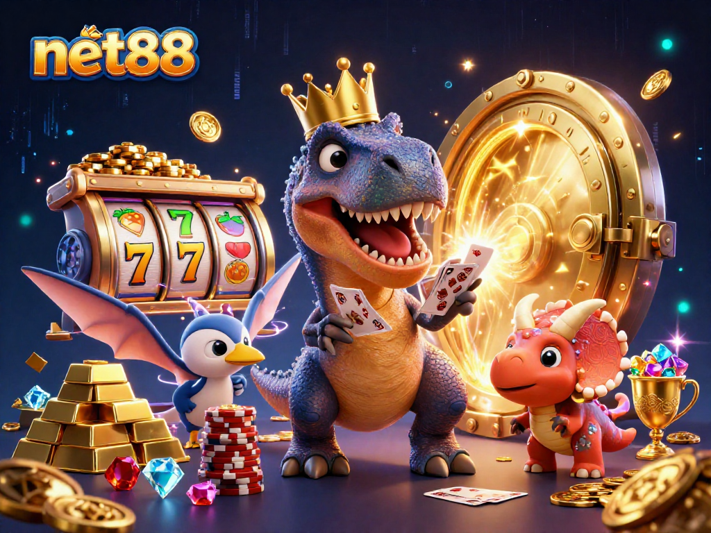 Join the fun at net88: Friendly dinosaur characters enjoying vibrant slot games with rich treasures.