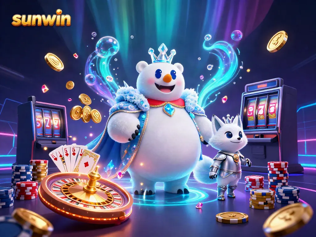 Experience gaming adventures at sunwin with a 3D polar bear king and snow fox, amid dazzling casino elements.