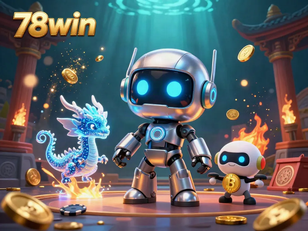 Engage with 78win in this vibrant 3D casino illustration, highlighting a robot mascot alongside a dragon and drone, surrounded by dynamic gaming elements.