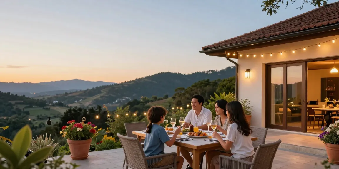 Family enjoying hassle-free holiday let management at a scenic terrace.